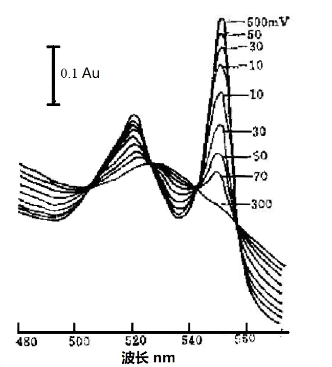 图4-6 不同外加电位下，细胞色素C与2,6-二氯靛酚媒介体的薄层光谱